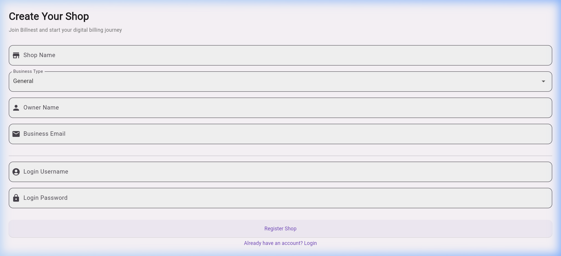 InvoSmartBilling Shop Registration Screen
